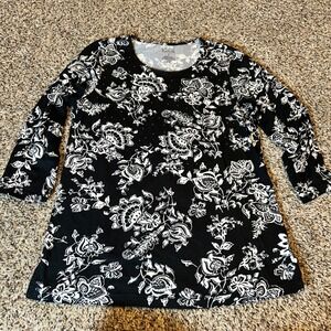 Croft & Barrow Black White Floral Print Long Sleeve Tunic Top Rhinestones Size S